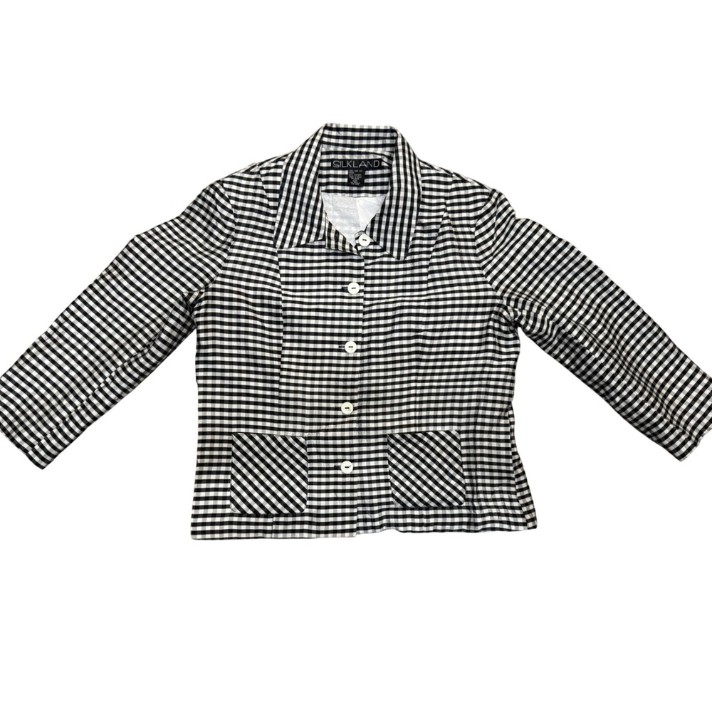 SILKLAND Black White Gingham Check Button Front Blazer Jacket Pockets  Size 4‎